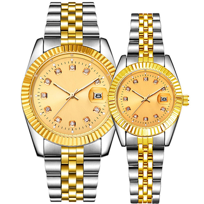Round 3ATM Quartz Couple Watches OEM Two Tone Gold Watch Date Function